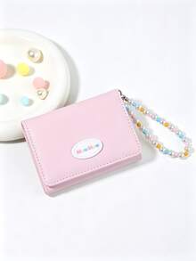 Cute Pink Cat PU Leather Wallet With Colorful Beaded Strap, Japanese Style Short Wallet, Multiple Card Slots, Zipper Coin Pocket, Women's Girls Mini Clutch - Pink - View 11