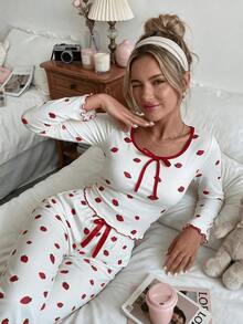 Women's Strawberry Print Tie Neck Ruffle Long Sleeve Top + Elastic Waist Long Pants Pajama Loungewear Set - White - View 4