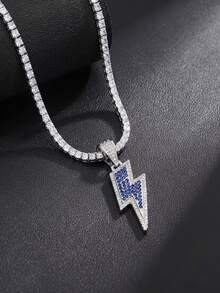 1pc Men's Iced‑Out Lightning Pendant Alloy Necklace, Two‑Tone Spliced Choker, Cool Rapper‑Style Unisex Unique Jewelry Gift - Blue - View 1