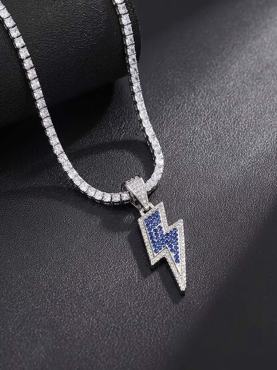 1pc Men's Iced‑Out Lightning Pendant Alloy Necklace, Two‑Tone Spliced Choker, Cool Rapper‑Style Unisex Unique Jewelry Gift - Blue - View 1