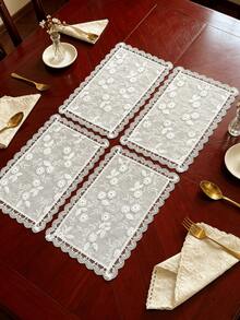 HXARTMIS White 3D Floral Embroidered Lace Placemat, French Vintage Rectangular Mesh Table Runner, Decorative Lace Tablecloth For Dining Table, Wedding Party, Home Tabletop Decor - White - View 3
