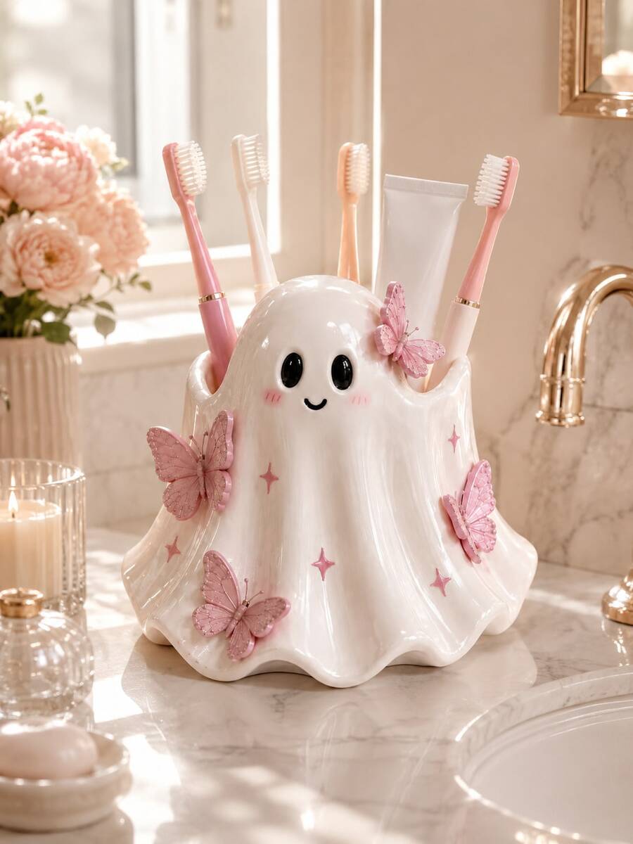 1pc Cute Ghost Toothbrush Holder With Pink Butterfly Decoration, Japanese Style Cute Bathroom Storage Rack, Can Store Toothbrush And Toothpaste, Halloween Ghost Decoration, Vanity Countertop Storage, Aesthetic Room Decor, Spooky Season Home Decor, Gift For Women And Girls - Multicolor - View 1