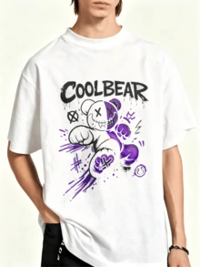 Urban Functional Cotton Unisex Oversized Tee,Capsule Wardrobe Style,Hip‑Hop Cartoon Bear Drip Ink Print,Bar & Party Occasion - White - View 2