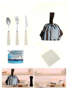 OBOVAY Ultra-Light 2-In-1 Handheld & Crossbody Large Capacity Striped Insulated Drawstring Lunch Bag, Adjustable Shoulder Strap, Sealed Thickened Aluminum Foil, External Pocket, Suitable For Dinner, Picnic, Daily Essentials, Work, Camping, Outdoor, Commute, Travel, Office - Multicolor - View 12