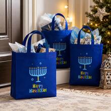 10 Packs Gift Bags, 7.1 X 7.9 X 3.9 Inch Blue Nonwoven Tote Bags With Handles, Happy Menorah Design Reusable Gift Packaging Bags For Party, Holiday Gifts And Decorations - D-Blue - View 6