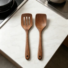 2-Piece Flat Wooden Spatula Set, Practical Wooden Turners For Cooking And Kitchen Use - Brown - View 1