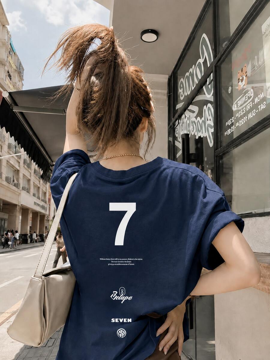 Women's Fashion Loose Fit Round Neck Casual Letter Print Short Sleeve T-Shirt, Summer - Navy Blue - View 1