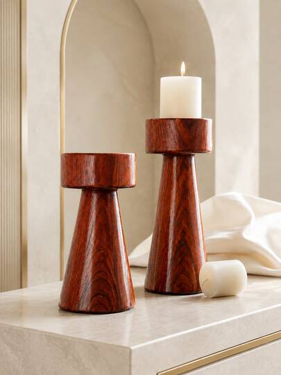 1pc/2pcs Red-Brown Wood Grain Pillar Candle Holder, Modern Wabi-Sabi Style Conical High-Low Candle Stand, Suitable For Dining Table Centerpiece, Living Room, Entryway, Console Table, Wedding Decor And Housewarming Gift, Candles Not Included