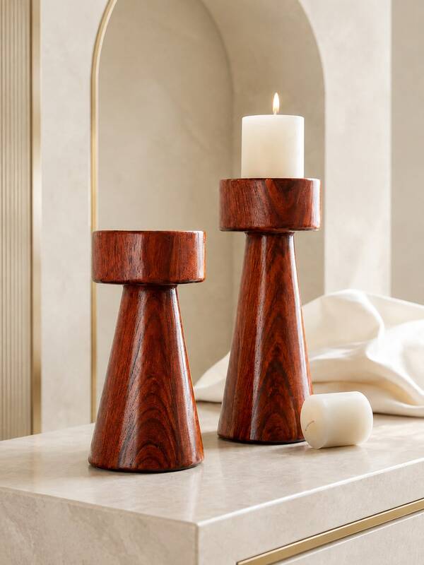 1pc/2pcs Red-Brown Wood Grain Pillar Candle Holder, Modern Wabi-Sabi Style Conical High-Low Candle Stand, Suitable For Dining Table Centerpiece, Living Room, Entryway, Console Table, Wedding Decor And Housewarming Gift, Candles Not Included