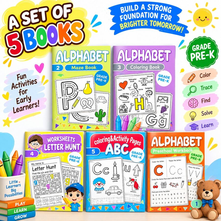 Alphabet ABC Preschool Learning Workbooks, A-Z Letter Tracing, Recognition, Maze, Coloring, Letter Hunt & Activity Pages, Handwriting Practice, Pencil Control, Find And Solve Early Learning Worksheets For Pre-K Home Classroom - Alphabet Learning Series - View 1