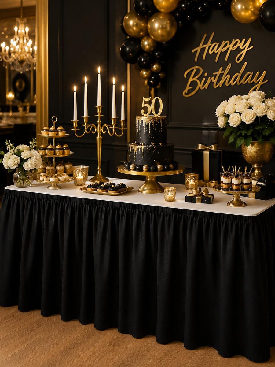 1pc Black Pleated Polyester Table Skirt, Elegant Rectangle Table Cover For Birthday Party, Wedding, Banquet, Dessert Table, Buffet, Bridal Shower, Baby Shower & Event Decor - Black - View 1
