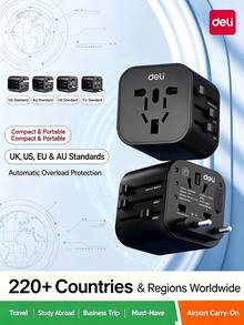 DELI LU5031 Universal Travel Adapter, 750℃ Flame-Retardant PC Shell, Multi-Plug Switchable Lock Design, Portable Power Converter For International Travel And Business Trips - Black - View 1