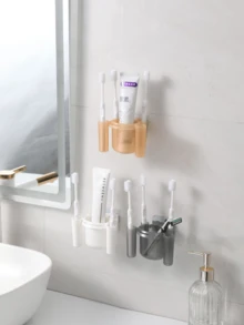 Cute Tooth-Shaped Pattern Toothbrush Holder&Clip Set–Adhesive Wall-Mounted Storage Rack For Bathroom,Washroom Space-Saving,Leak-Proof,Easy To Clean,Home,Dorm,Office,Gift For Students,Family,Back To School,Housewarming,Birthday - Multicolor - View 9