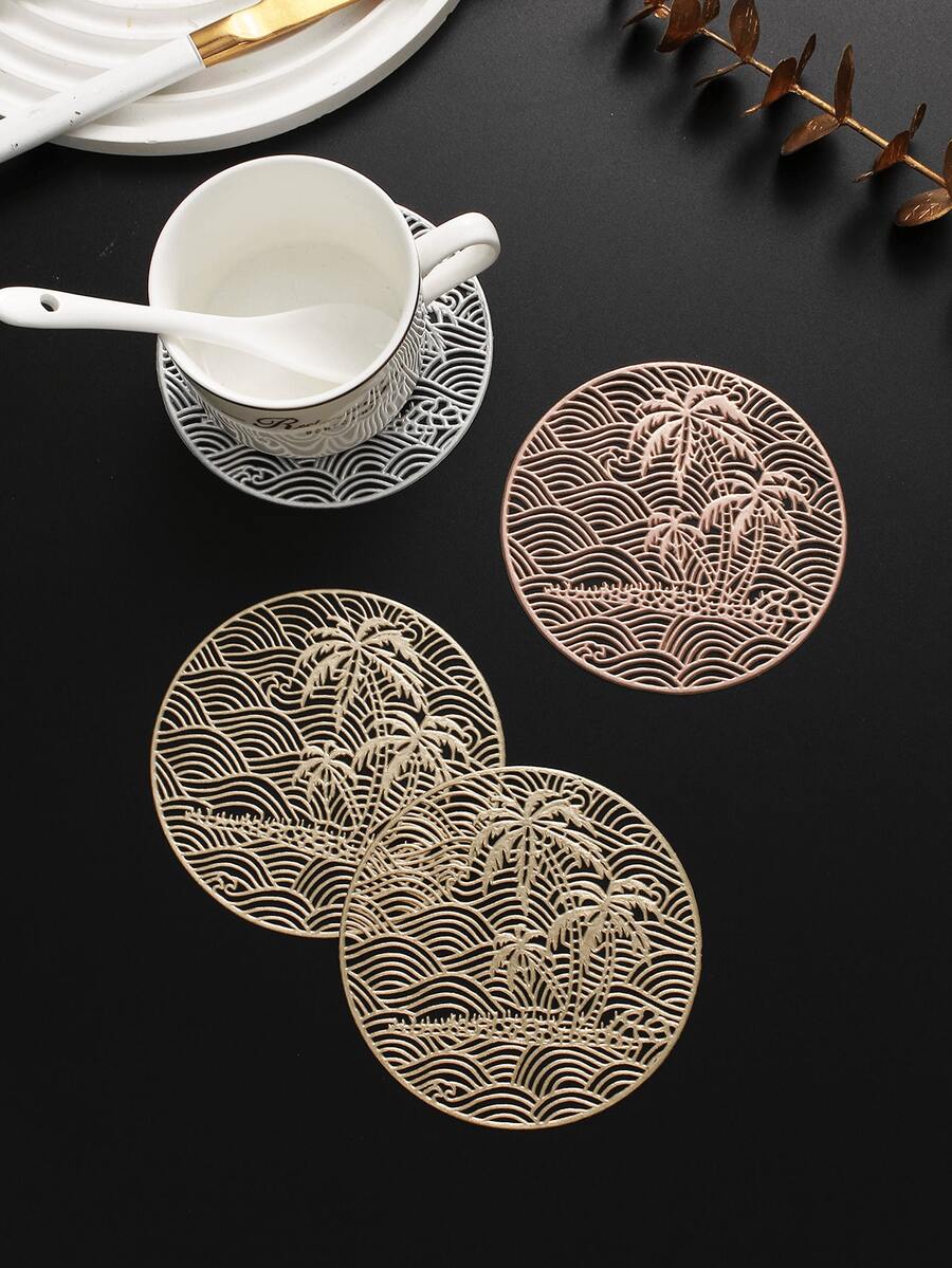 6-24pcs Coconut Tree Wave Hollow Coasters, Luxury Style PVC Round Heat-Insulating Non-Slip Coasters Suitable For Dining Table, Afternoon Tea, Home Party - Multicolor - View 1