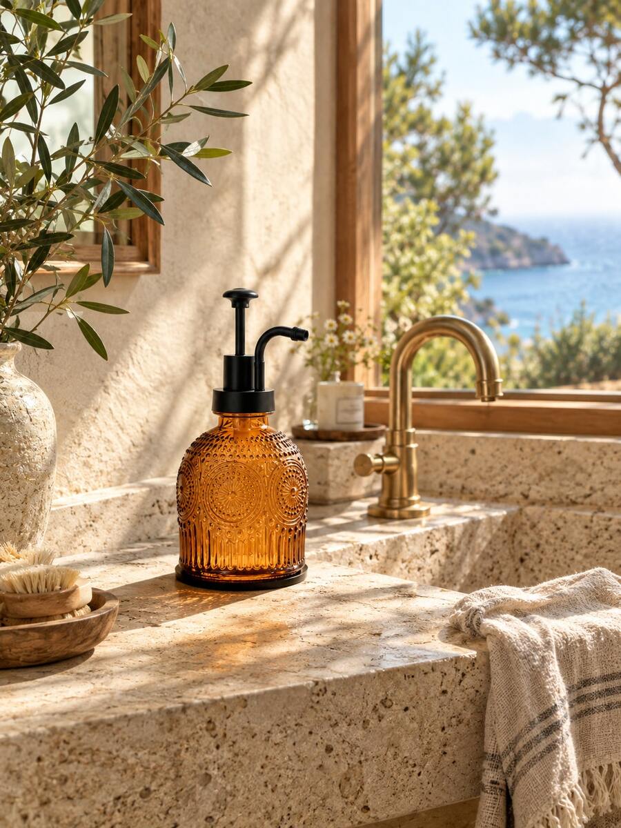 1pc 230ml Vintage Glass Soap Dispenser With Plastic Pump Head, Refillable Decorative Liquid Soap Bottle, Reusable Countertop Hand Soap Container, Suitable For Bathroom, Kitchen, Sink, Lotion, Shampoo, Dish Soap And Home Use - Multiple Styles - View 1