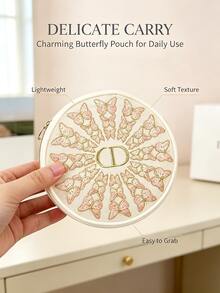Dior Off-White Mesh Butterfly Embroidered Round Makeup Bag, Luxury Embroidered Storage Pouch - Off-white Butterfly Embroidered Bag - View 6
