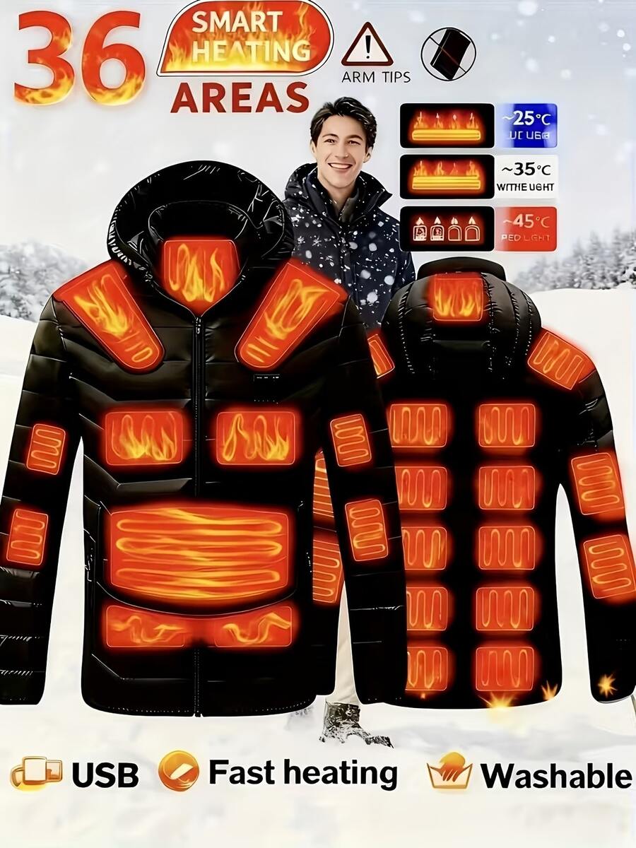 Men's Heated Jacket, 3-Speed Temperature Adjustable Heated Jacket, Four Control Switches, 36 Heating Areas,(Product Does Not Include Power Bank) - Black - View 1