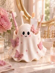 1pc Cute Ghost Toothbrush Holder With Pink Butterfly Decoration, Japanese Style Cute Bathroom Storage Rack, Can Store Toothbrush And Toothpaste, Halloween Ghost Decoration, Vanity Countertop Storage, Aesthetic Room Decor, Spooky Season Home Decor, Gift For Women And Girls - Multicolor - View 2