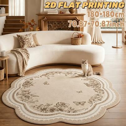 1pc 2026 New - Vintage Style Floral Butterfly Asymmetrical Round Rug, Retro Light Brown Home Decor Mat, Realistic Plush Texture, Machine Washable, Perfect For Bedroom Or Entryway Decor, Valentine's Day/Graduation Gift, Indoor Comfort Mat | Cartoon Animal Design | Bedroom Rug, Bedroom Decor, Room Decor Bedroom, Room Decor, Small Rug, Blanket