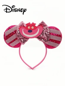 Disney 1pc Cheshire Cat Character Ear Headband, Pink Sequin Striped Bow Holiday Cosplay Party Headband - Multicolor - View 1