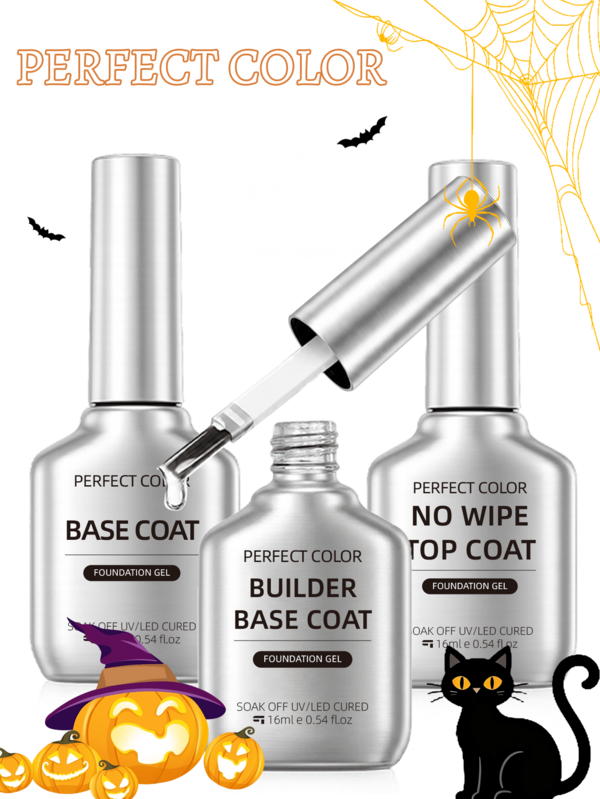 PERFECT COLOR 3pcs 16ml Complete Beginner Gel Nail Kit, 2-In-1 Base Coat, Builder Base Gel & No Wipe Top Coat, Soak Off UV LED Gel System For Women Fall And Halloween Manicure