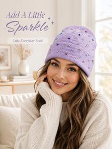 1pc Fashion Rhinestone Knit Beanie, Warm Casual Hat For Autumn/Winter, Unisex, Suitable For Couples, Stylish Design - Multicolor - View 5