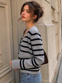 Women's Knit Striped Patchwork Collar Casual Vest 2 Pieces Set, Autumn/Winter Elegant - Grey - View 4