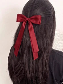 2件組紅色緞面蝴蝶結髮夾，長尾緞帶蝴蝶結髮夾，法式風髮夾，優雅女童派對日常佩戴髮飾，秋季搭配 - 紅色 - 查看 2