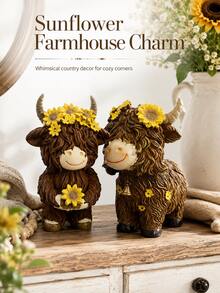 1pc Cute Highland Cow Resin Figurine With Sunflower, Rustic Farmhouse Style Cow Statue, Cottagecore Desktop Decor, Suitable For Living Room, Bookshelf, Mantel, Entryway, Gift For Cow Lovers - New Product - View 7