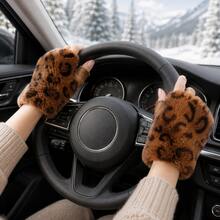 1pair Women's Leopard Print Plush Half Finger Gloves With Warm Lining, Furry Cute Gloves For Autumn Winter, 4 Colors - Multicolor - View 4