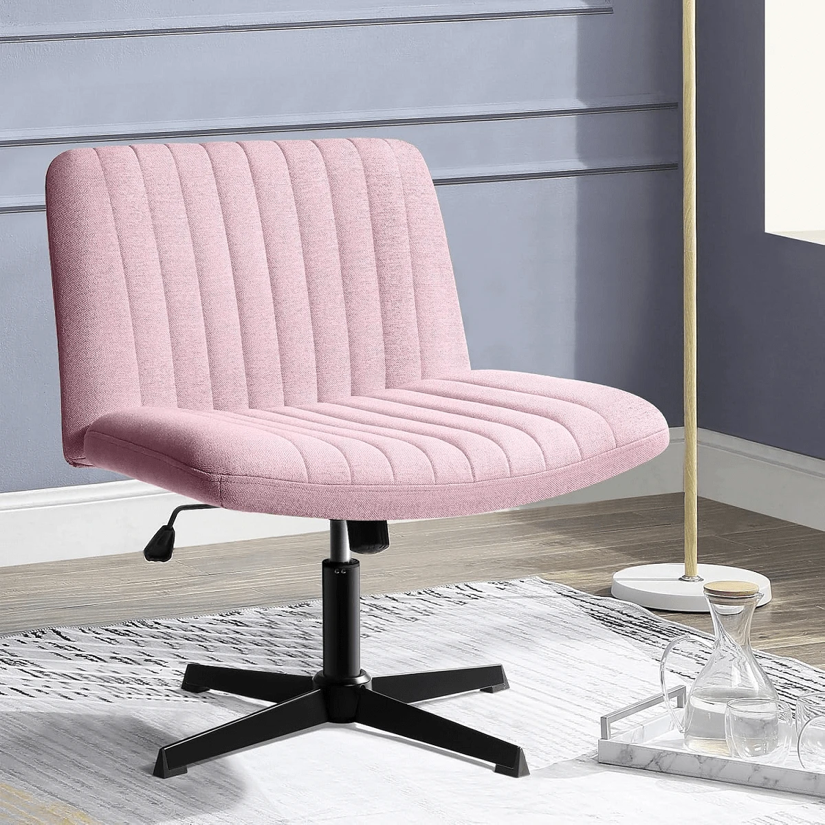 Criss Cross Chair, Vanity Chair, Padded Desk Chair With Height Adjustable, Armless Wide Swivel Mid-Back Vanity Chair, 120° Rocking Ergonomic Computer Task Chair For Home Office, Makeup & Small Spaces - Pink - View 1