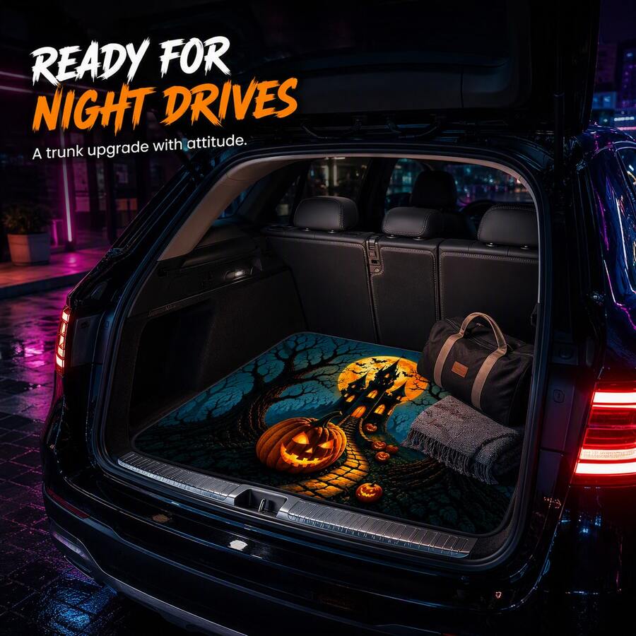 1pc Universal Printed Car Trunk Mat, "Halloween Castle Pumpkin" Pattern, Anti-Slip Durable Polyester Fiber Material Trunk Pet Mat, Vehicle Interior Protection Car Decoration, Perfect Halloween Gift - Castle Pumpkin - View 1