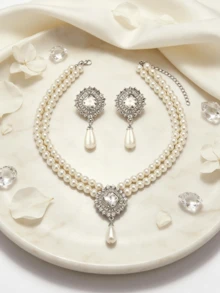 3pcs Vintage Silver Double Layer Pearl Necklace & Earrings Set, Elegant Pendant Jewelry, Suitable For Women's Daily, Wedding, Party Gift - Pearl Pendant Set - View 2