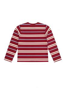 1pc Burgundy Blue Apricot Colorblock Striped Long Sleeve T-Shirt For Kids, Vintage Unisex Loose Fit All-Match Top, Spring Autumn - Red - View 5