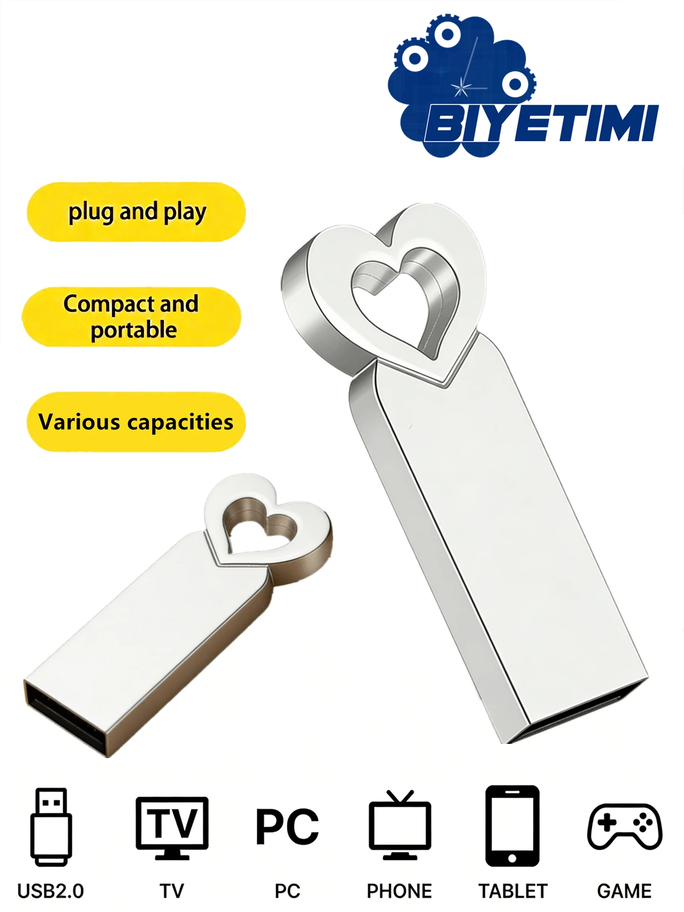 BIYETIMI 可愛貓爪造型金屬 USB 隨身碟，可攜式 U 盤附鑰匙圈孔，防水儲存卡，適合數據儲存與禮品 - 銀色 - 查看 1