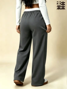 mulinsen Women's Wide Leg Sweatpants, Contrast Color Double Waistband Drawstring Stitching Detail, Loose Casual Sport Pants, Suitable For Daily Fitness And Streetwear - Dark Grey - View 3