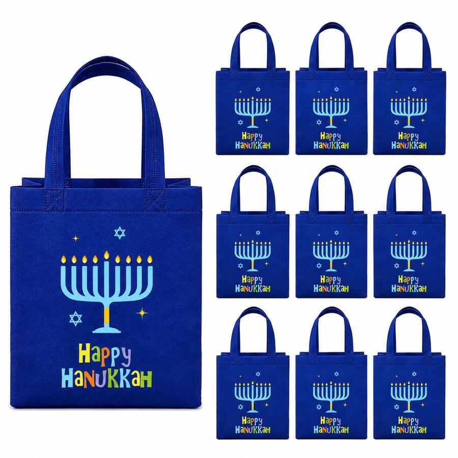 10 Packs Gift Bags, 7.1 X 7.9 X 3.9 Inch Blue Nonwoven Tote Bags With Handles, Happy Menorah Design Reusable Gift Packaging Bags For Party, Holiday Gifts And Decorations - D-Blue - View 1