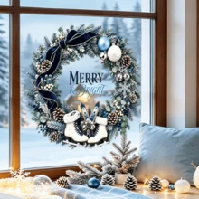 Set med 2 statiska julkransfönsterklistermärken, MERRY & BRIGHT vinterskridskor, snöflinga och tallkotte, PVC-fönsterdekor för jul, hem, fest och glasdekor - A - Visa 3