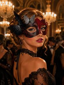 Gothic Black & Red Butterfly Venetian Masquerade Mask, Glitter Trim Half Face Mask For Women, Halloween Cosplay Carnival Party Costume Accessory - Multicolor - View 1