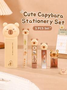 5pcs/Set Capybara-Shaped Stationery Ruler Set, Suitable For Studying, Writing, And Crafting; A Stylish And Portable Stationery Set,For The School - Camel - View 8
