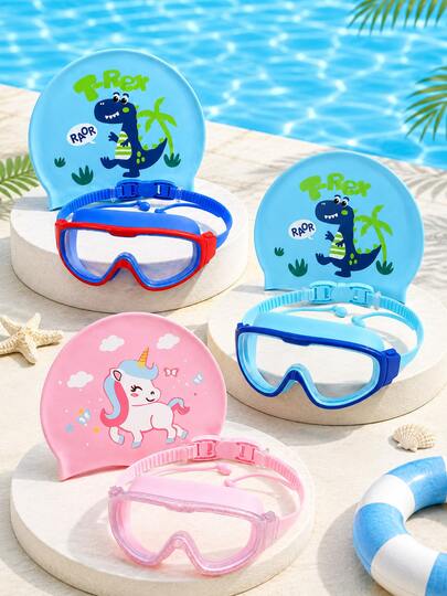 Children's Swimming Goggles And Swim Cap Set, Cute Dinosaur & Unicorn Print Swim Cap, Large Frame High Definition Swimming Goggles With Adjustable Strap, Pink & Blue Multi-Color Options, Summer Pool Water Play Swimming Gear