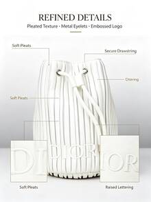 Dior Cream White Vertical Stripe Drawstring Makeup Bag, 3D Embossed Letter Logo Mini Bucket Storage Bag, Portable Travel Cosmetic Jewelry Organizer - White Bucket Bag - View 5