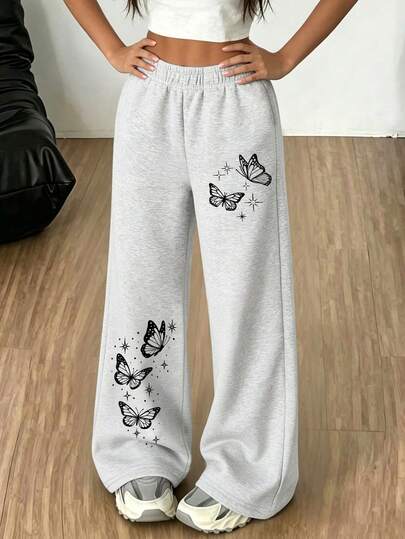 Sweet Girl Wide Leg Sweatpants, High Elastic Waist Butterfly & Star Print Soft Knit Pants, Suitable For Teenage Girls, Spring/Autumn/Winter