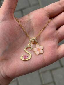1pc Heart Initial Letter & Pink Five-Petal Flower Multi-Pendant Necklace For Girl's Anniversary Dates Party Holiday Birthday Gift For Daily Wear - Gold - View 4