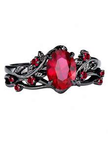 2 buah/Set, Cincin Merah Modis, Cincin Jari Penuh Wanita, Hadiah Perhiasan Pernikahan dan Pertunangan - MultiWarna - View 5