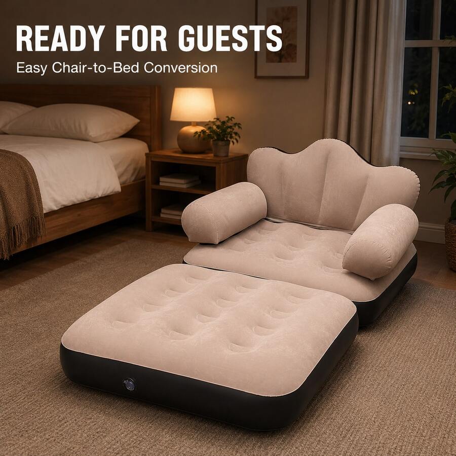 2-In-1 Inflatable Sofa Bed, Foldable Inflatable Sofa Chair With Armrests, Portable Inflatable Mattress For Camping, Home And Leisure - Beige - View 1