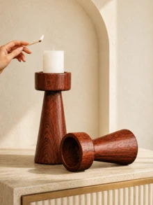 1pc/2pcs Red-Brown Wood Grain Pillar Candle Holder, Modern Wabi-Sabi Style Conical High-Low Candle Stand, Suitable For Dining Table Centerpiece, Living Room, Entryway, Console Table, Wedding Decor And Housewarming Gift, Candles Not Included - Mahogany Pillar Candle Holder - View 6