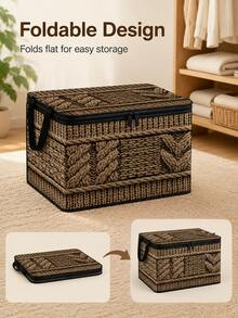 2D Flat Woven Texture Print Foldable Storage Box With Lid And Sturdy Zipper, Large Capacity Household Storage Basket, Suitable For Moving, Seasonal Clothing Change, Living Room And Garage Shelf Storage - Multicolor - View 5