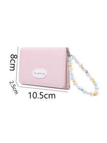 Cute Pink Cat PU Leather Wallet With Colorful Beaded Strap, Japanese Style Short Wallet, Multiple Card Slots, Zipper Coin Pocket, Women's Girls Mini Clutch - Pink - View 3