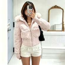 Women's Pink Quilted Padded Coat With Hood And Faux Fur Trim, Ribbed Knit Cuffs And Hem, Full Zip Closure, Winter Outfit Essential - Pink - View 3
